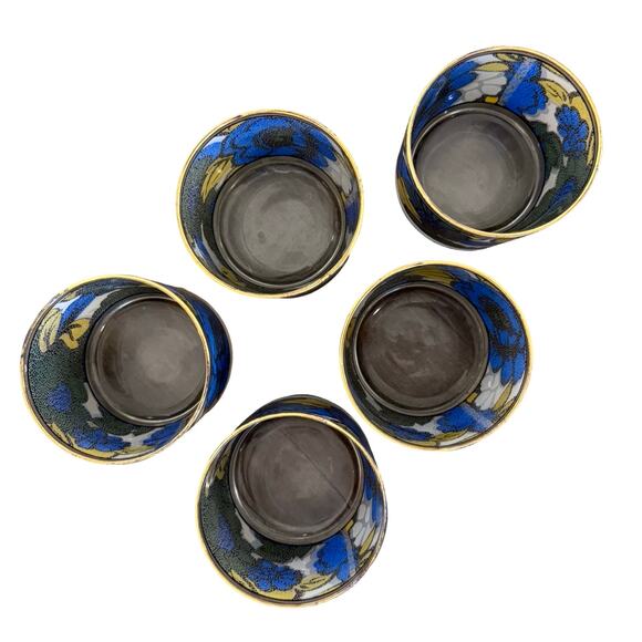 Vintage 1960s CCC Hazel Atlas Blue Yellow Floral Faux Stained Glass Set of 5 - Picture 3 of 16